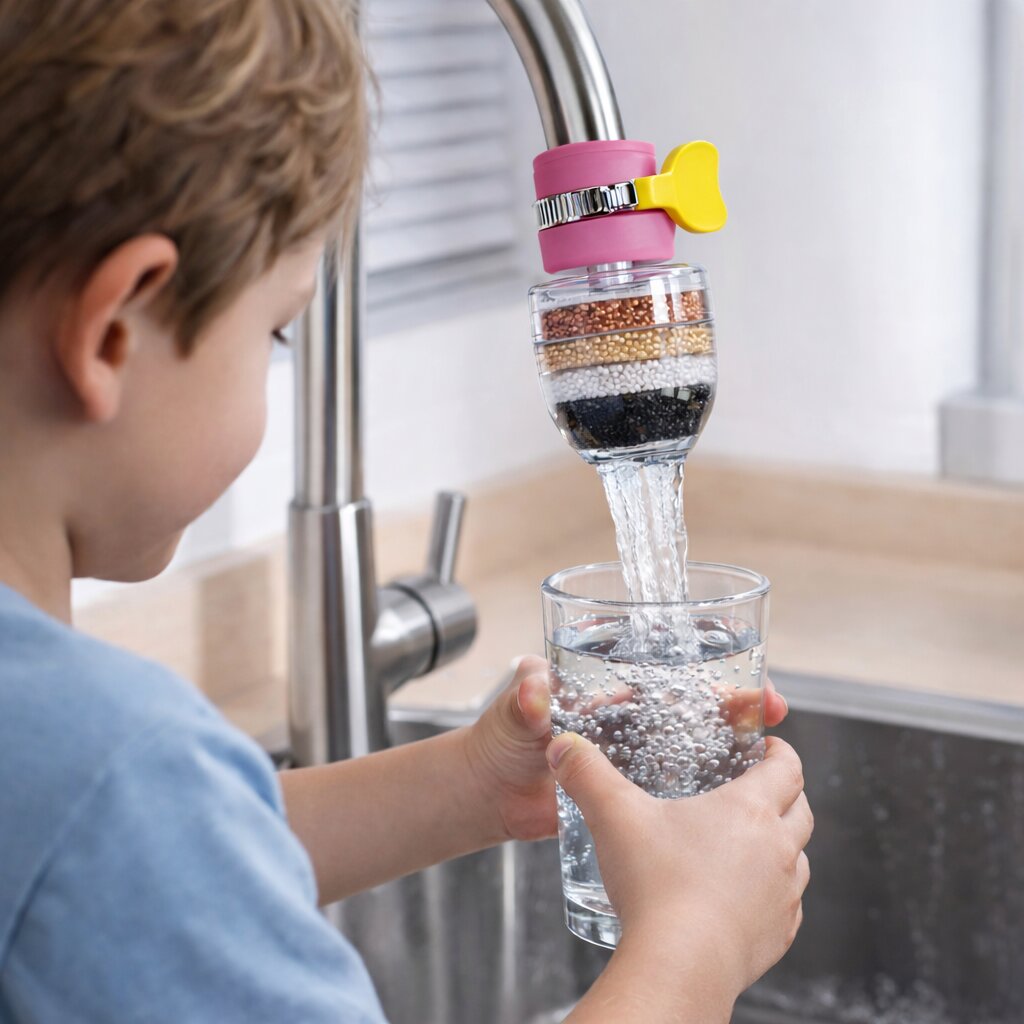 Frisches, gefiltertes Trinkwasser fließt aus dem Hahn mit montiertem Aktivkohlefilter; für gesunde Hydration.