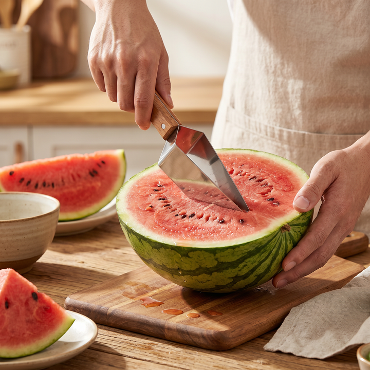 Wassermelonen-Schneider aus Edelstahl mit Holzgriff für schnelles, sauberes Portionieren von Melonenstücken.
