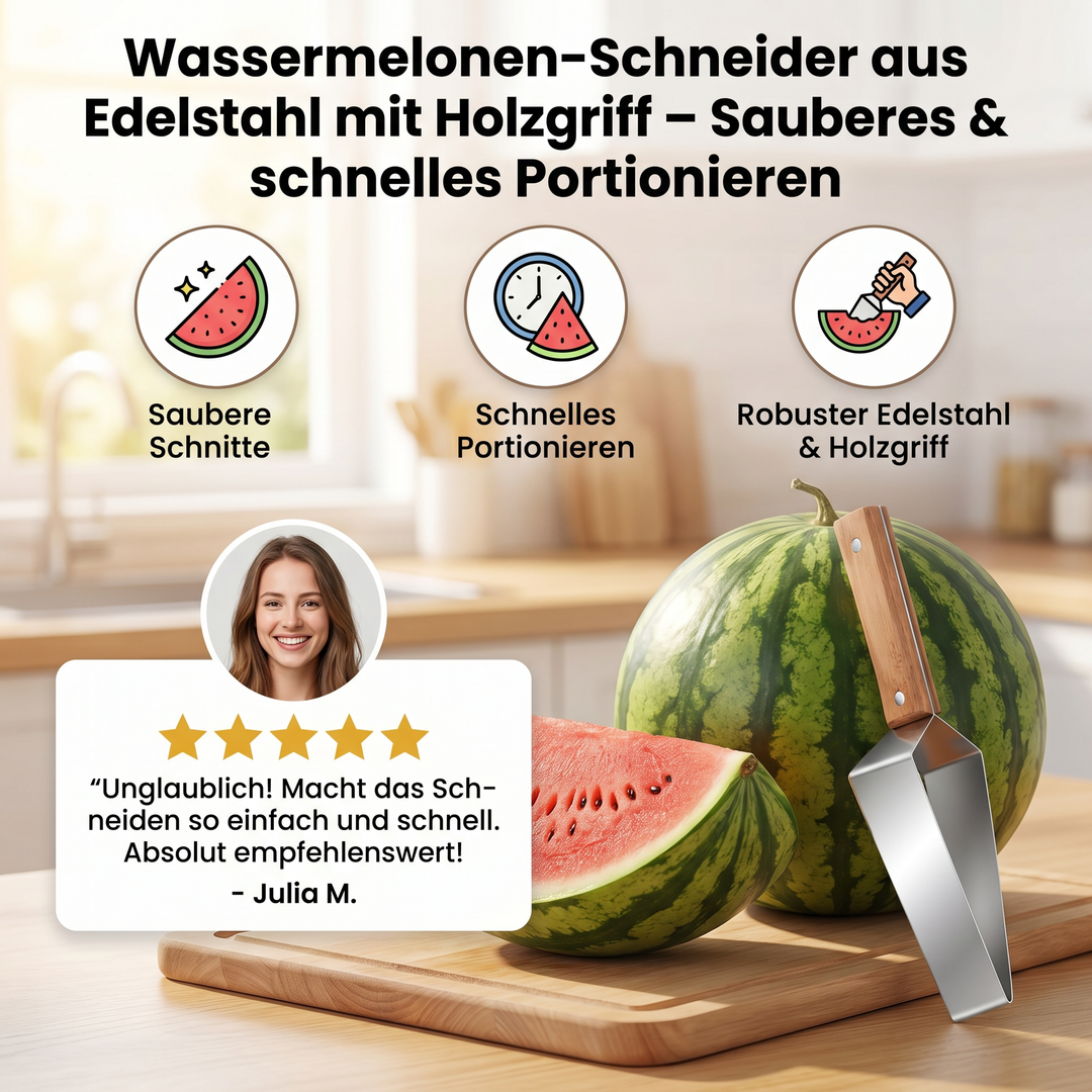 Praktischer Wassermelonen-Schneider aus Edelstahl, perfekt für einfache & schnelle Melonenstücke ohne Sauerei.