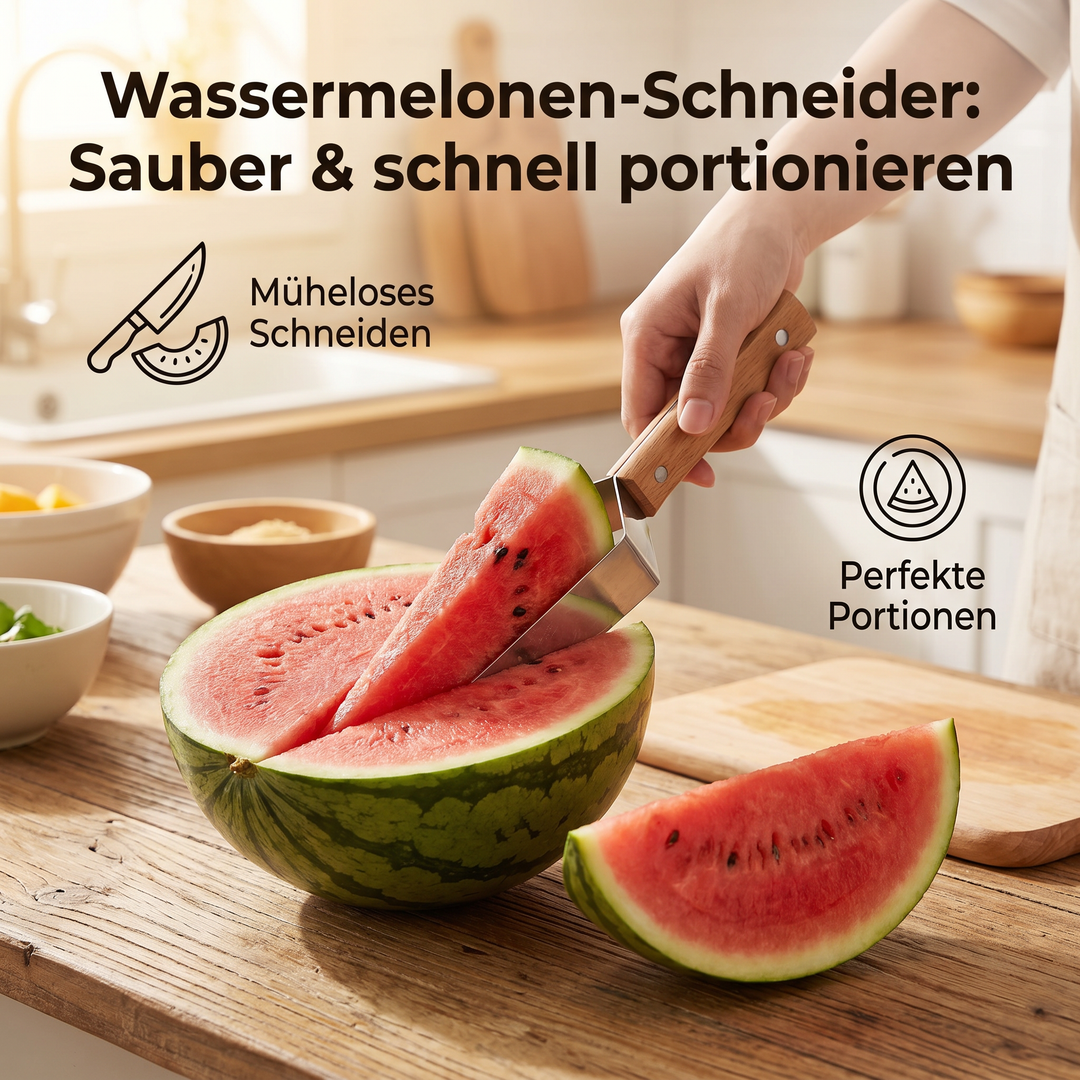 Eleganter Obstschneider für Wassermelone, gefertigt aus robustem Edelstahl & ergonomischem Holzgriff, Küchenhelfer.