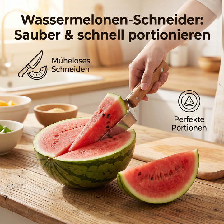 Eleganter Obstschneider für Wassermelone, gefertigt aus robustem Edelstahl & ergonomischem Holzgriff, Küchenhelfer.