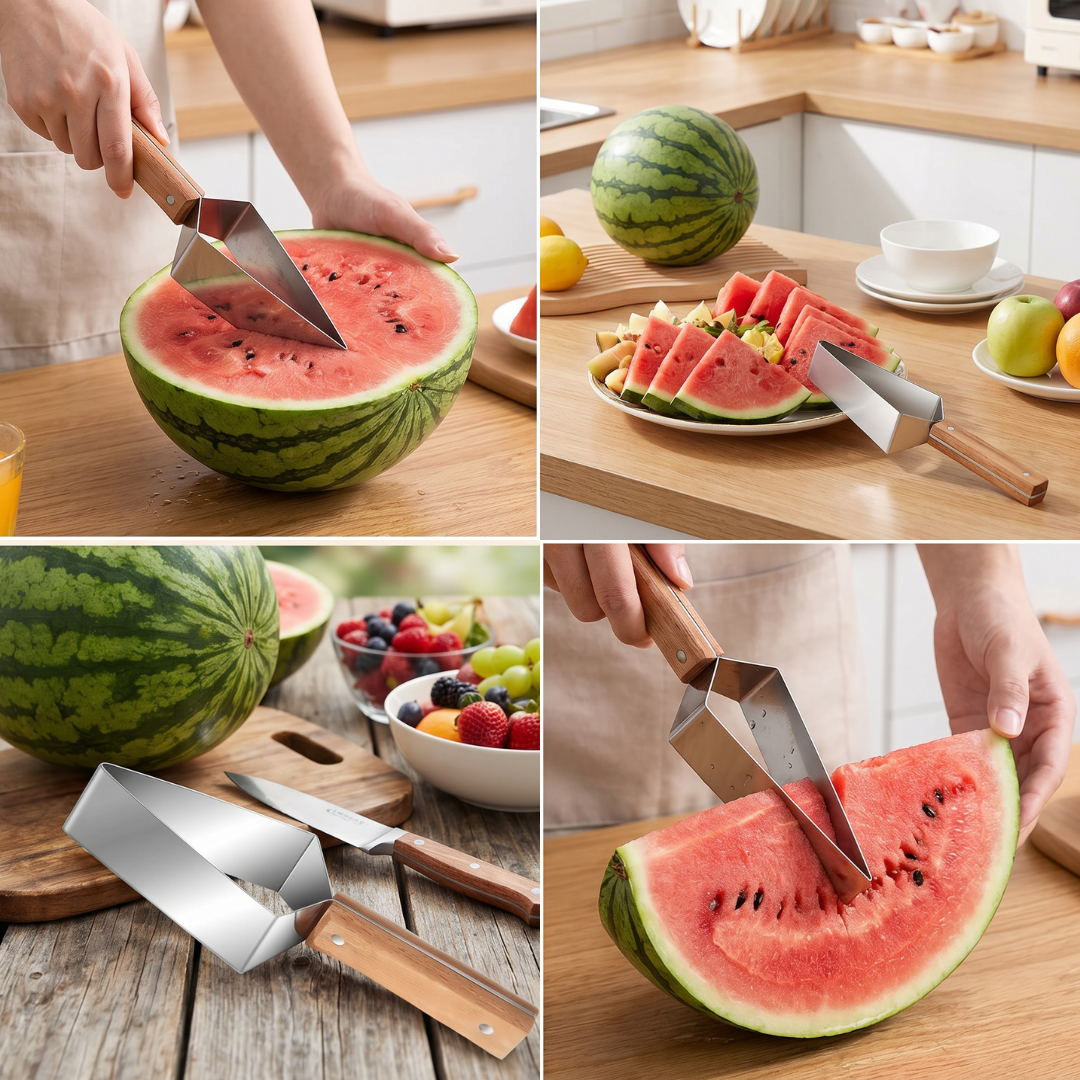 Vielseitiger Küchenhelfer: Wassermelonen-Schneider aus Edelstahl mit Holzgriff für Obst & Gemüse.
