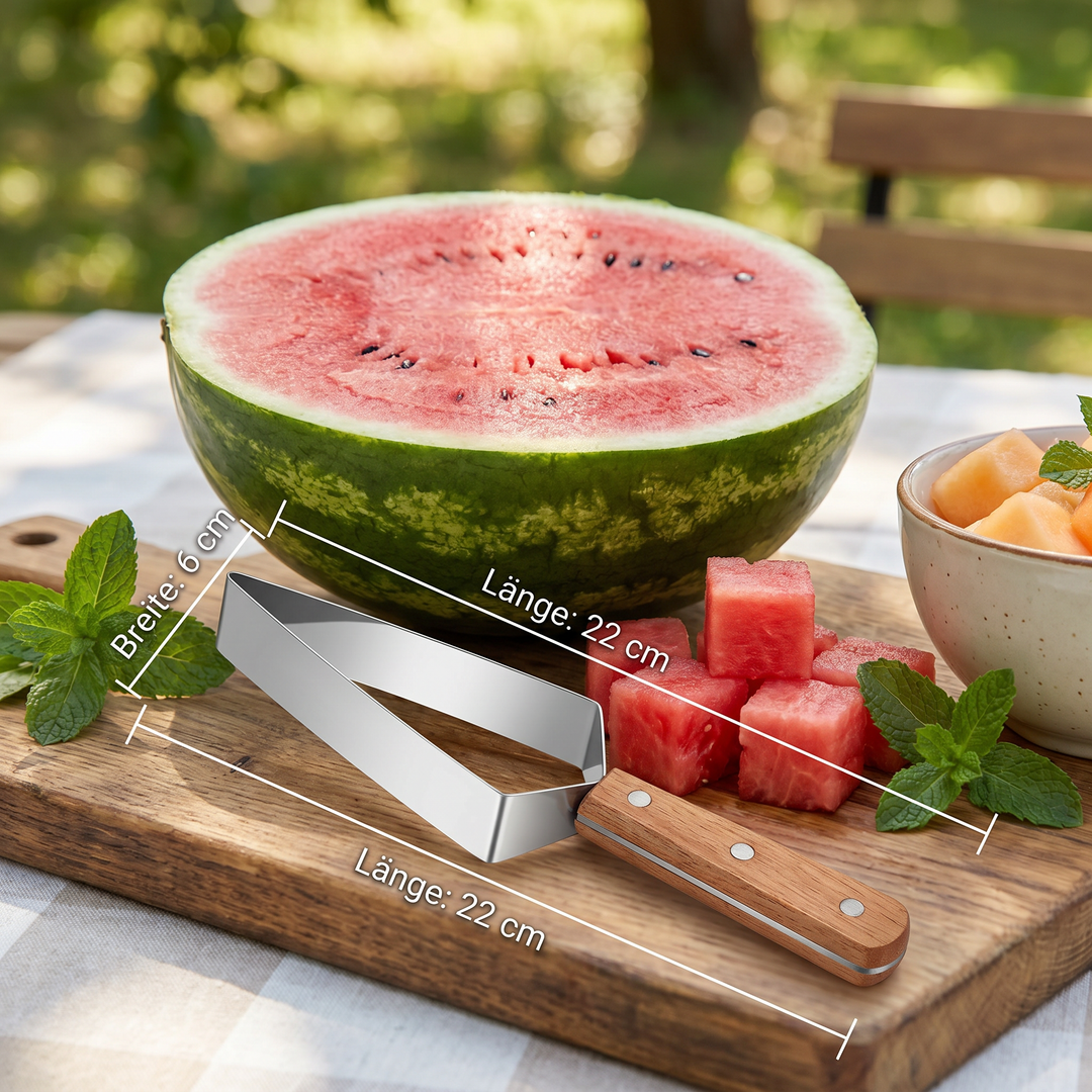 Detailansicht des Wassermelonen-Schneiders aus Edelstahl mit scharfer Klinge & ergonomischem Holzgriff.