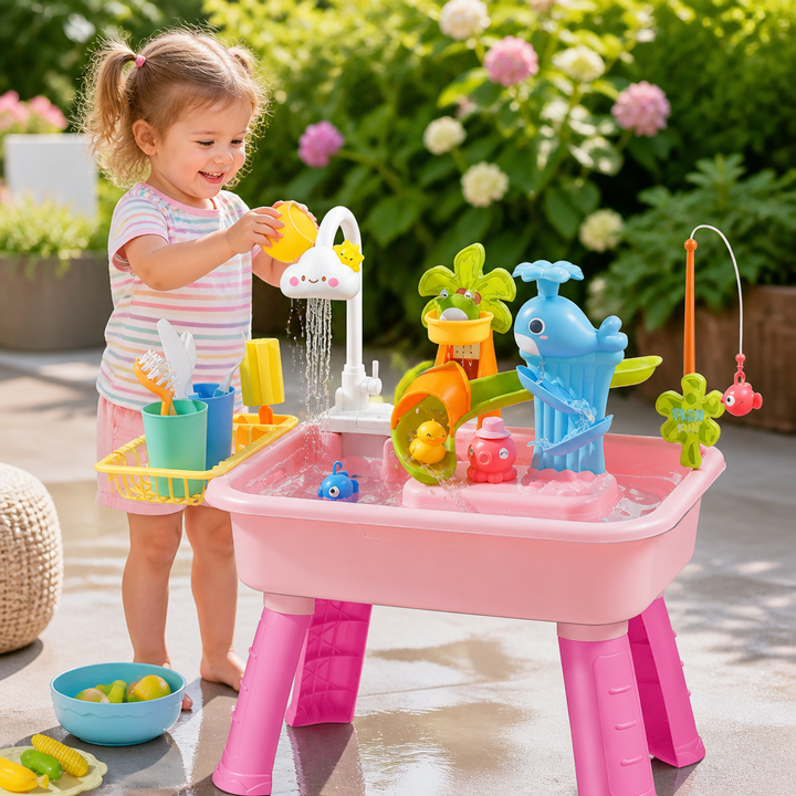 Wasserspieltisch für Kinder mit automatischem Fluss, fördert Motorik und Hand-Augen-Koordination beim Spiel.
