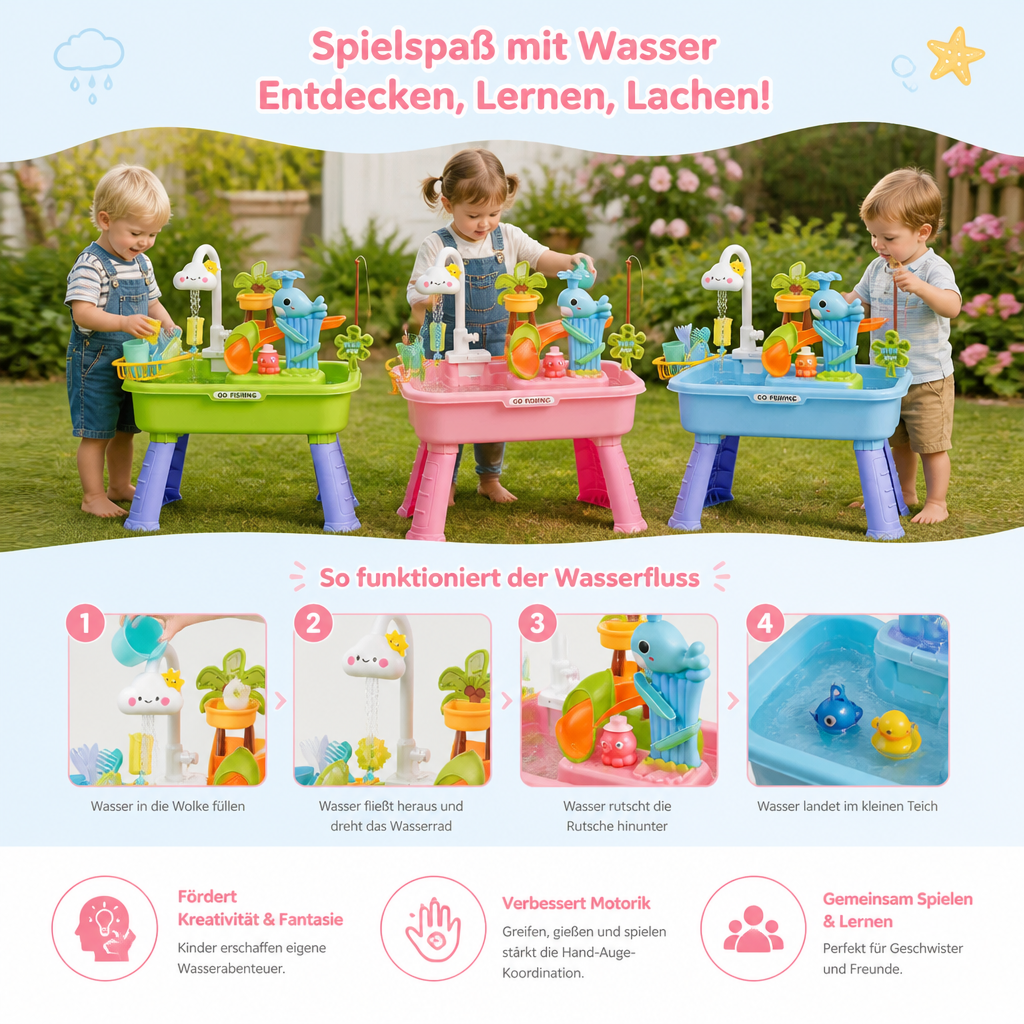 Bunter Outdoor-Wasserspieltisch mit interaktiven Elementen für sommerlichen Spielspaß im Garten der Kinder.