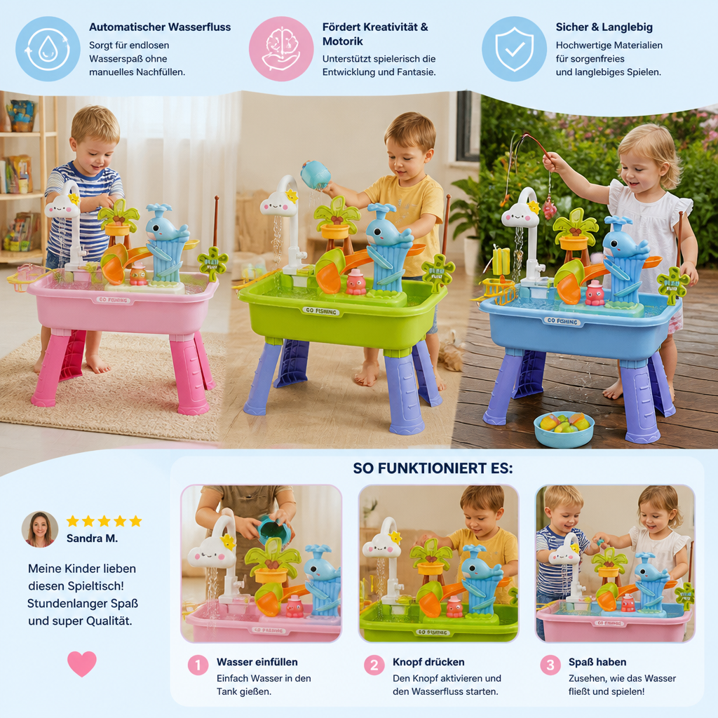 Kinderspielzeug: Interaktiver Wasserspieltisch mit automatischem Fluss, Lernspielzeug für Garten und Planschvergnügen.