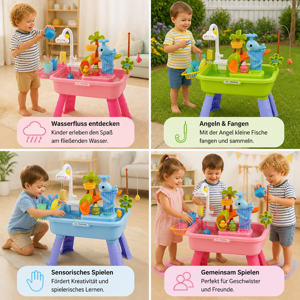 Wasserspieltisch für Kinder: Motorikförderung und Hand-Augen-Koordination durch interaktives Wasserspiel im Freien.