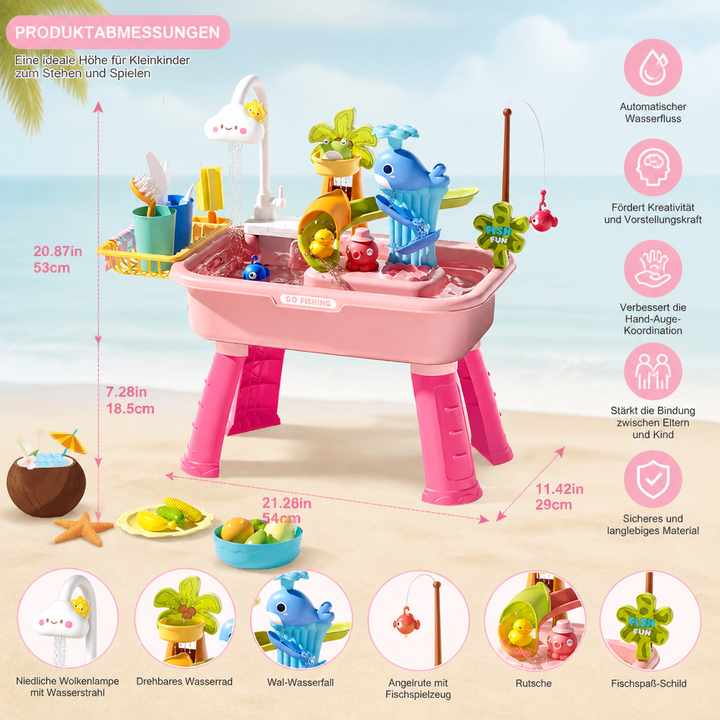 Großer interaktiver Wasserspieltisch mit automatischem Fluss, buntem Spielzubehör für vielseitigen Outdoor-Spielspaß.