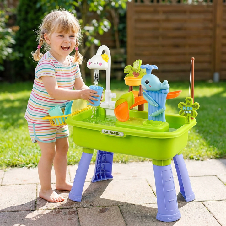 Kinder-Wasserspieltisch mit automatischer Wasserzirkulation, ideal für gärtnerischen Spielbereich und Outdoor-Abenteuer.