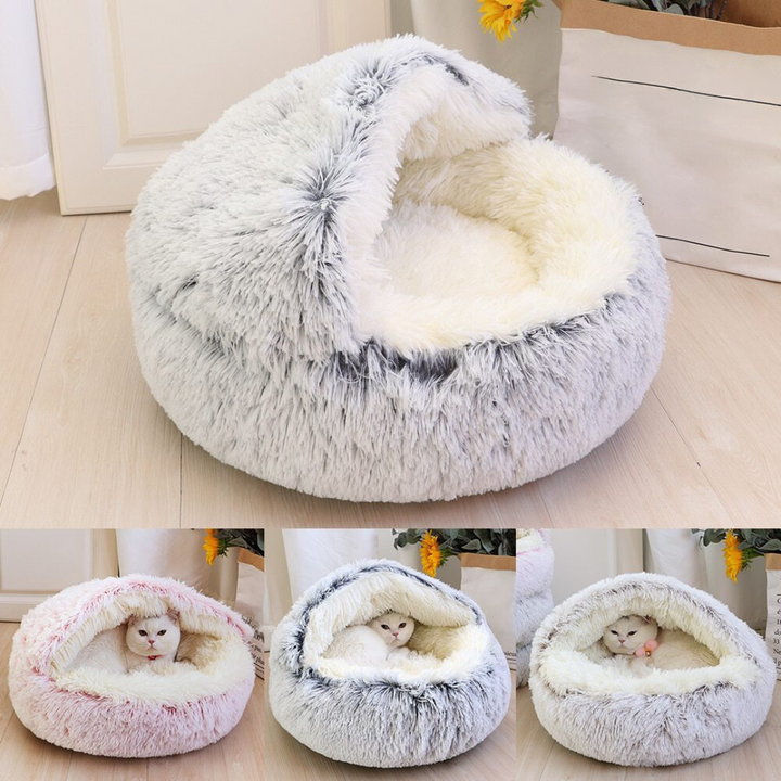 Weiße 2-in-1 Katzen Kuschelhöhle, ein gemütliches Katzenbett für Geborgenheit und Komfort.