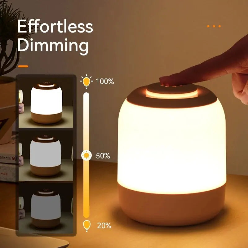 Tragbare weiße LED-Tischlampe mit Touch-Dimmer, ideal als Nachttischlampe oder Leselampe im Kinderzimmer.