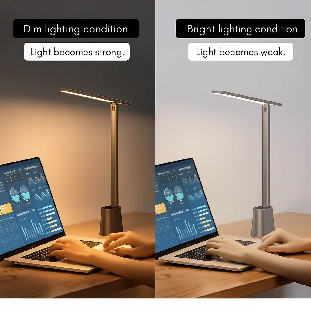Einfach aufstellbare, faltbare LED-Bürolampe, dimmbar, Akku, USB, perfekt für Schreibtisch & Reisen.