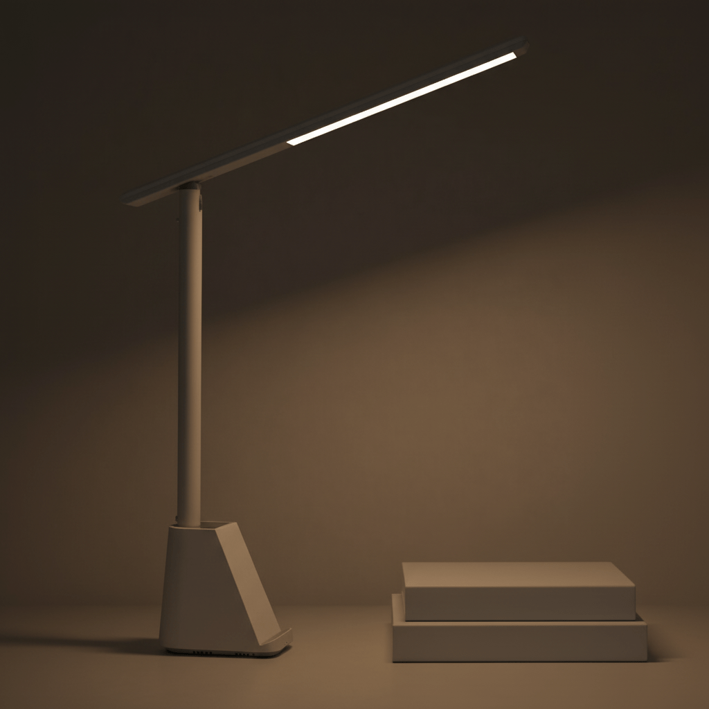 Kompakte, faltbare LED-Schreibtischlampe, weiß, tragbar, dimmbar, mit Akku, spart Platz.