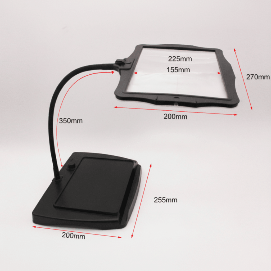 Beleuchtete Tischlupe mit LED-Licht, ideal als Lesehilfe und Vergrößerungslampe für Handarbeit am Arbeitsplatz.