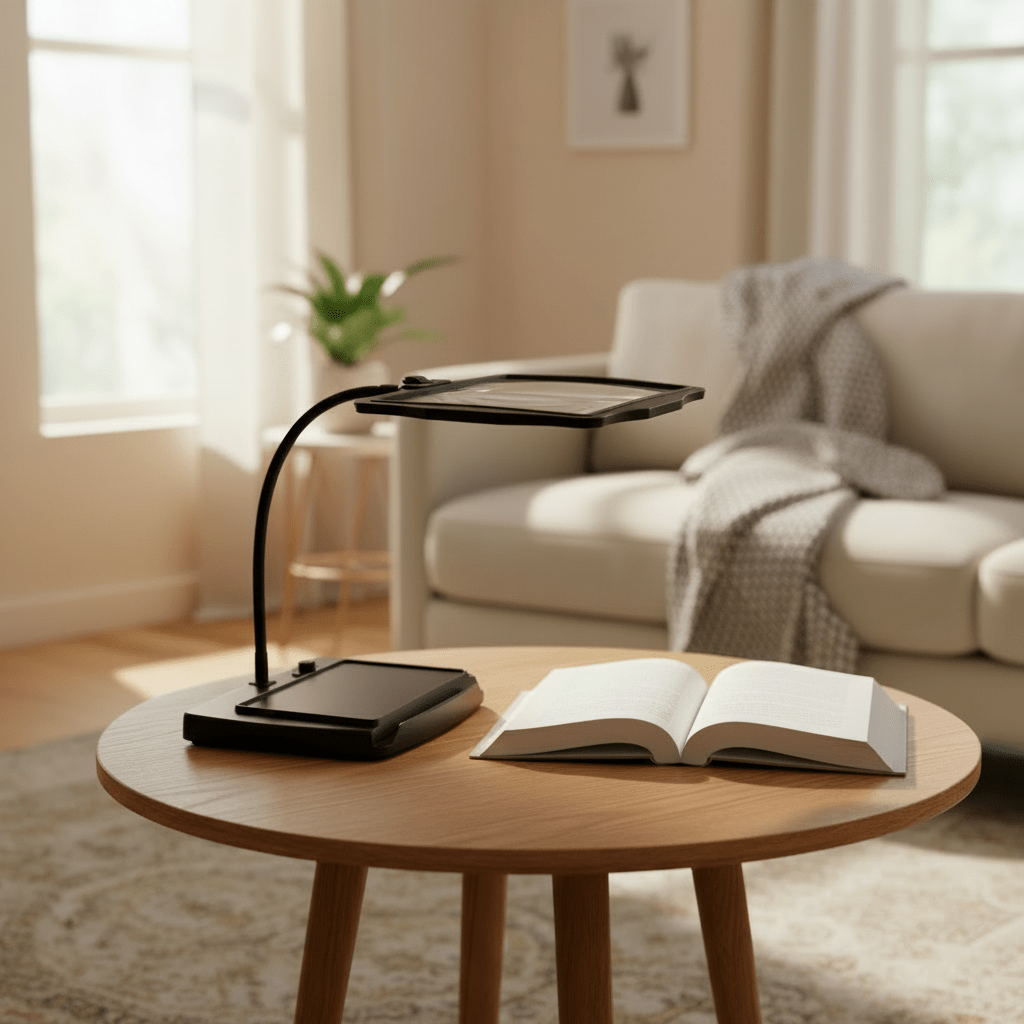 Moderne Schreibtischlampe mit integrierter Lupe und LED-Beleuchtung für genaue Detailarbeit und Basteln.
