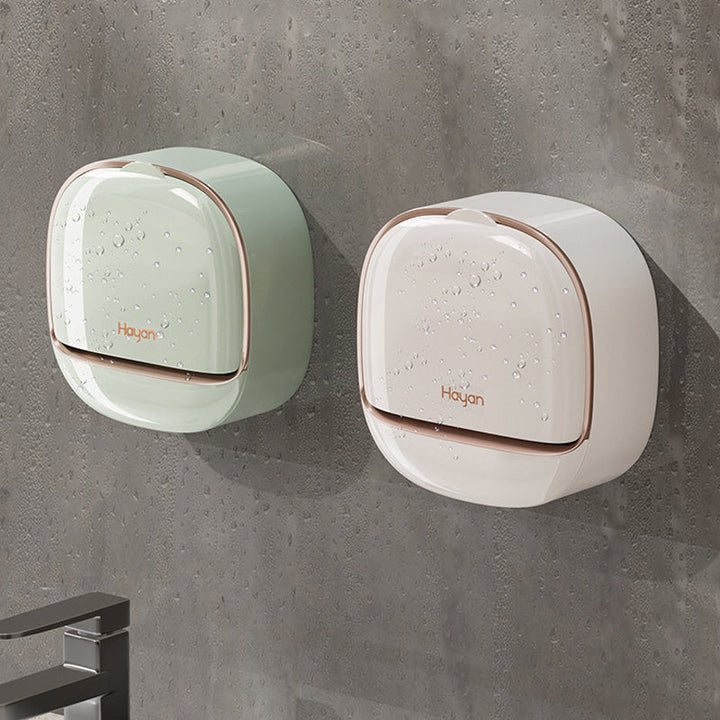 Weiße Seifenschale für die Dusche, wandmontiert, mit integrierter Abtropfbox.