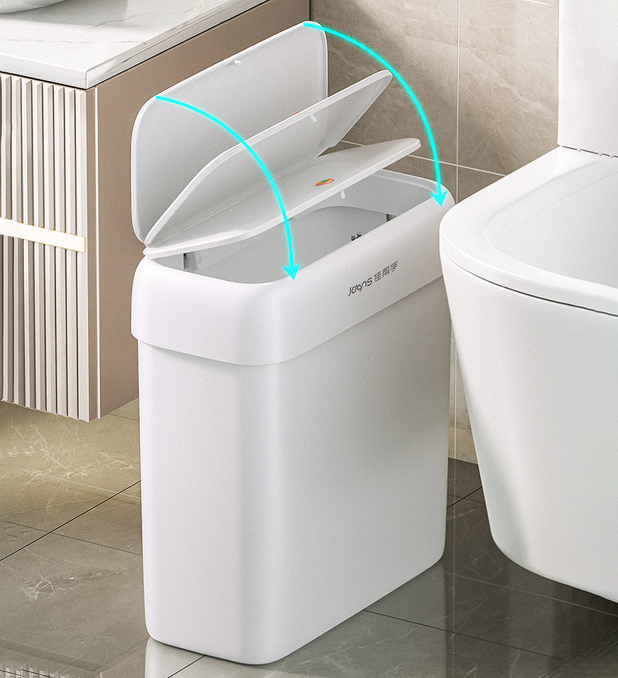 Platzsparender weißer Kunststoff-Mülleimer für Badezimmer, mit dichtem Deckel für Hygiene.