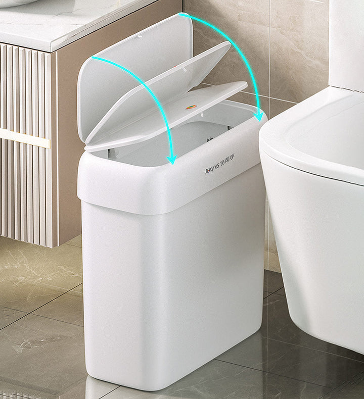 Platzsparender weißer Kunststoff-Mülleimer für Badezimmer, mit dichtem Deckel für Hygiene.