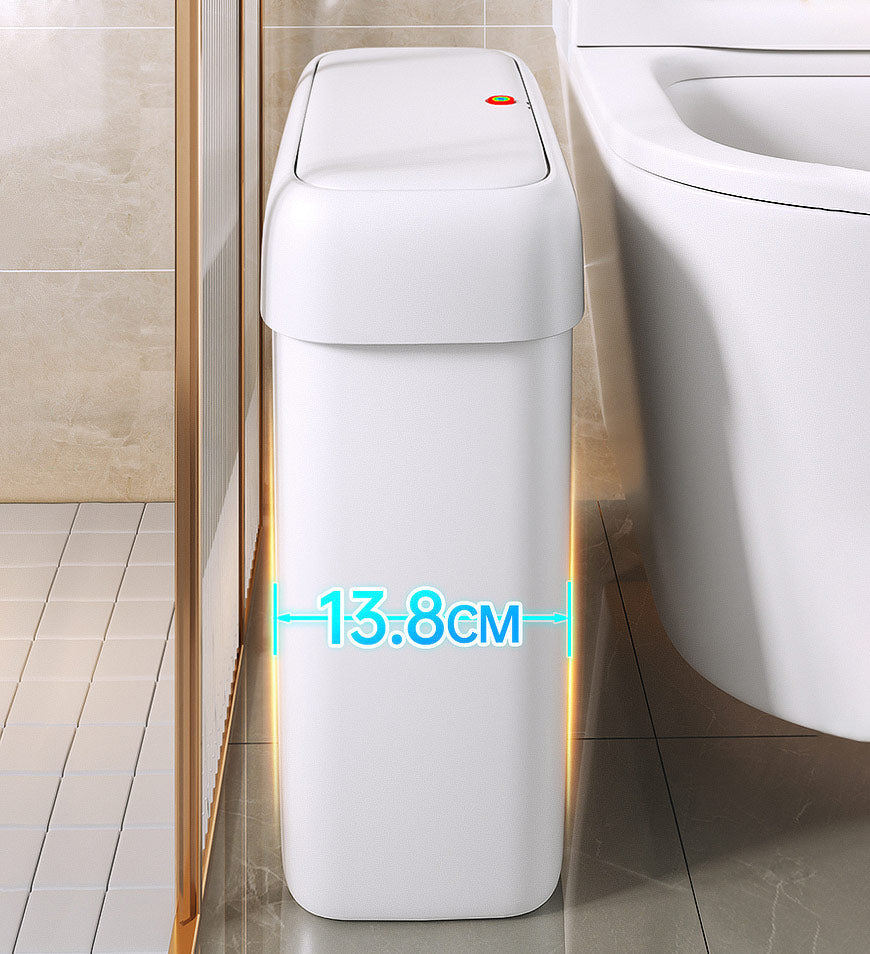 Eleganter, schmaler weißer Kunststoff-Mülleimer mit Deckel für Badezimmer, modern & hygienisch.