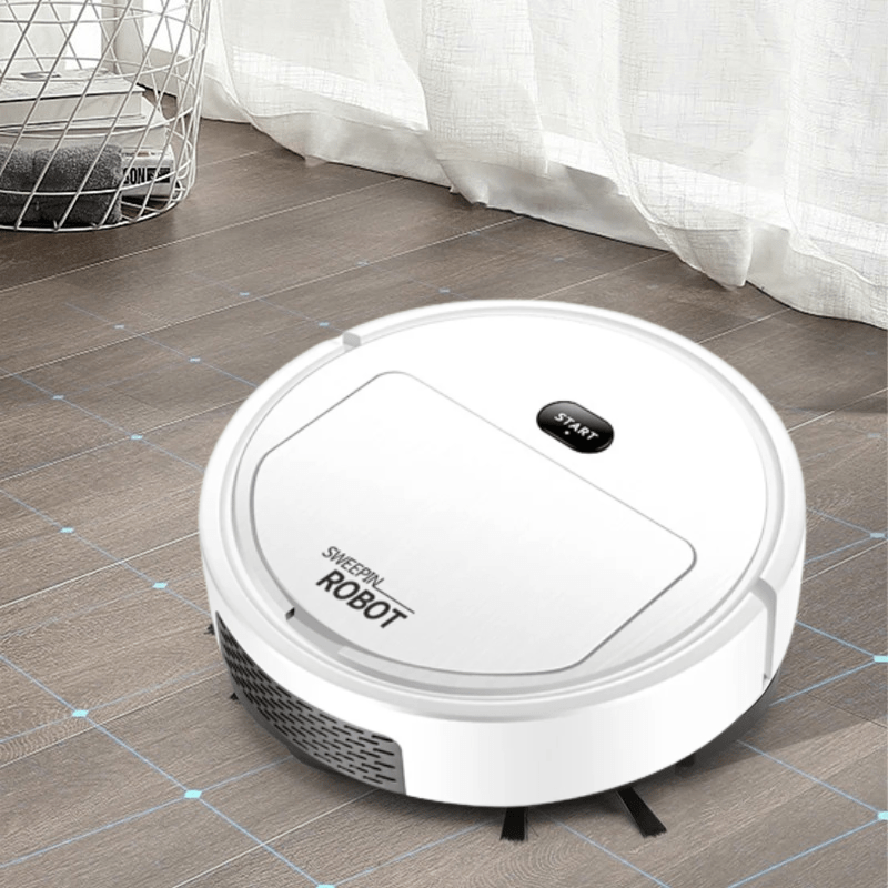 Weißer smarter Roboterstaubsauger für effiziente automatische Bodenreinigung auf Hartböden & Teppichen.