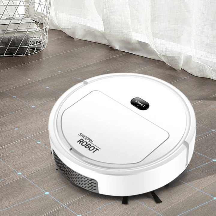Weißer smarter Roboterstaubsauger für effiziente automatische Bodenreinigung auf Hartböden & Teppichen.