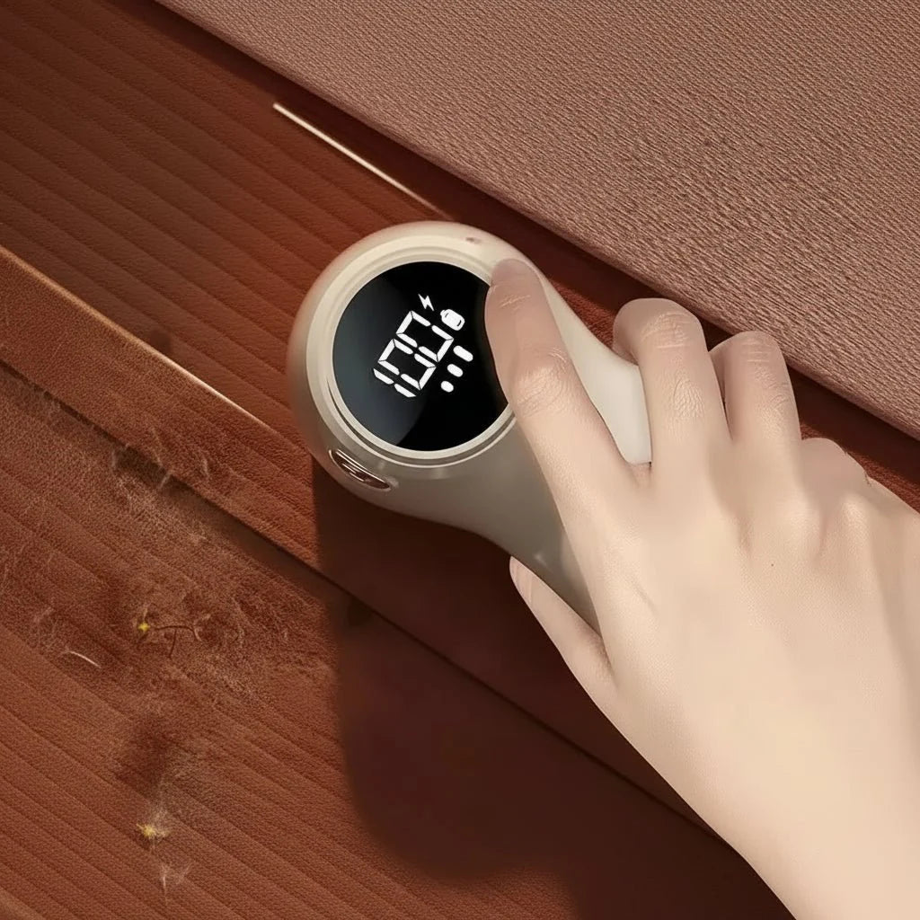 Lila Akku-Fusselrasierer mit LCD-Anzeige für sanfte Kleiderpflege und Bekleidung ohne Fussel.