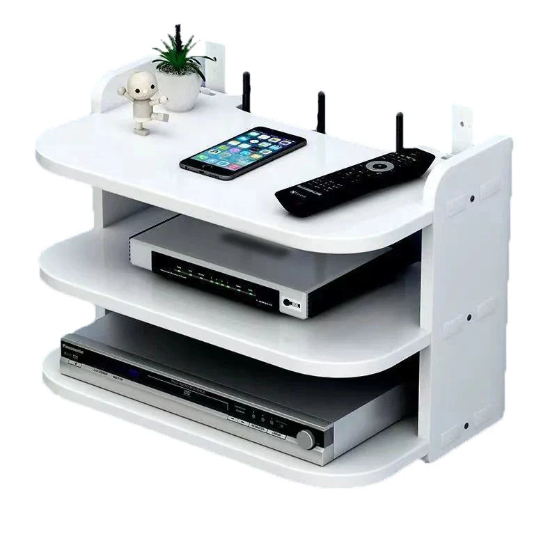 Modernes schwebendes Regal zur eleganten Kabelorganisation für Router und Mediengeräte im Wohnzimmer.