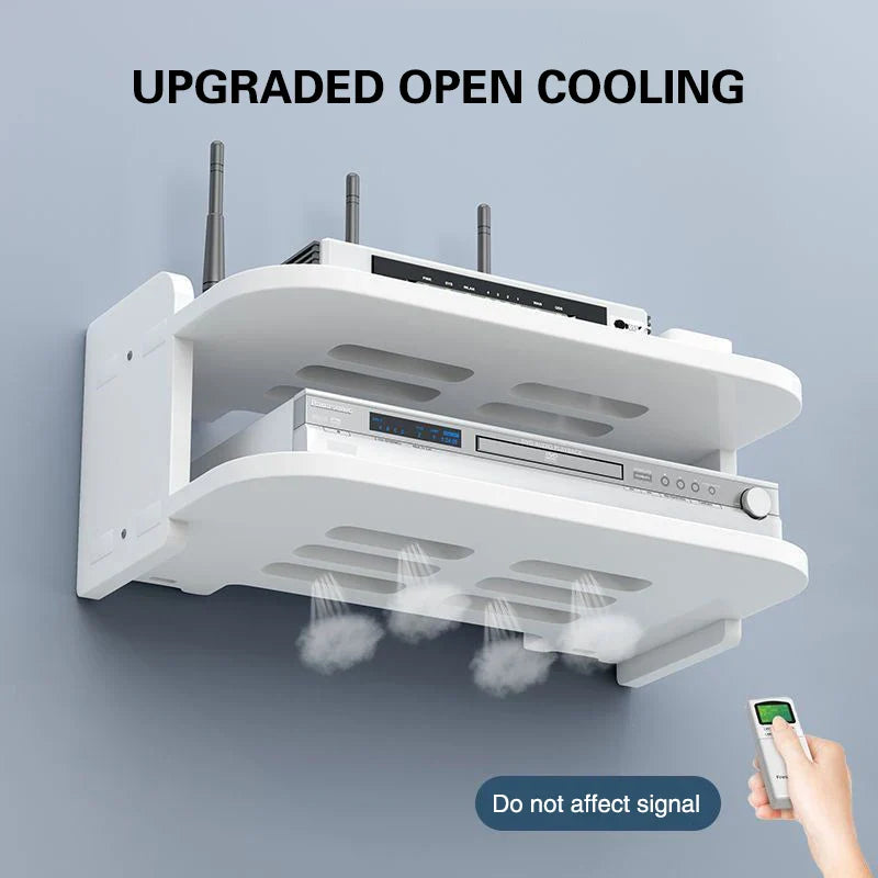 Platzsparendes weißes Wandregal für WLAN-Router und Zubehör, versteckt Kabel und schafft Ordnung.