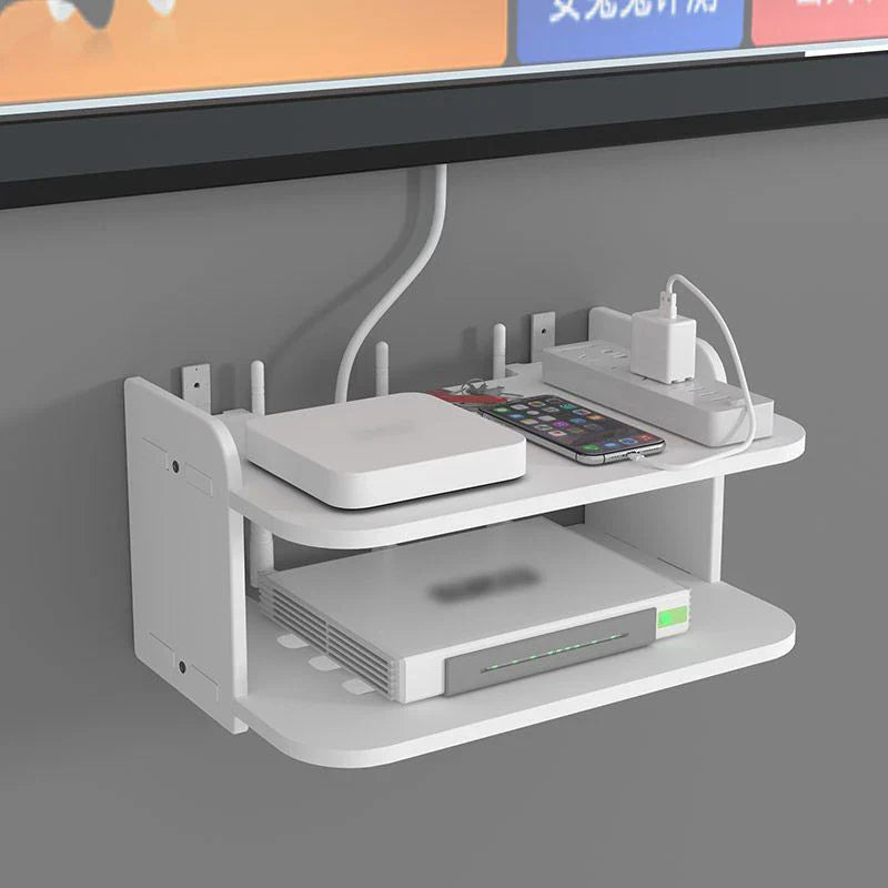 Elegantes schwebendes Regal für WLAN-Router im Wohnzimmer oder Heimbüro, inklusive smarter Kabelverwaltung.