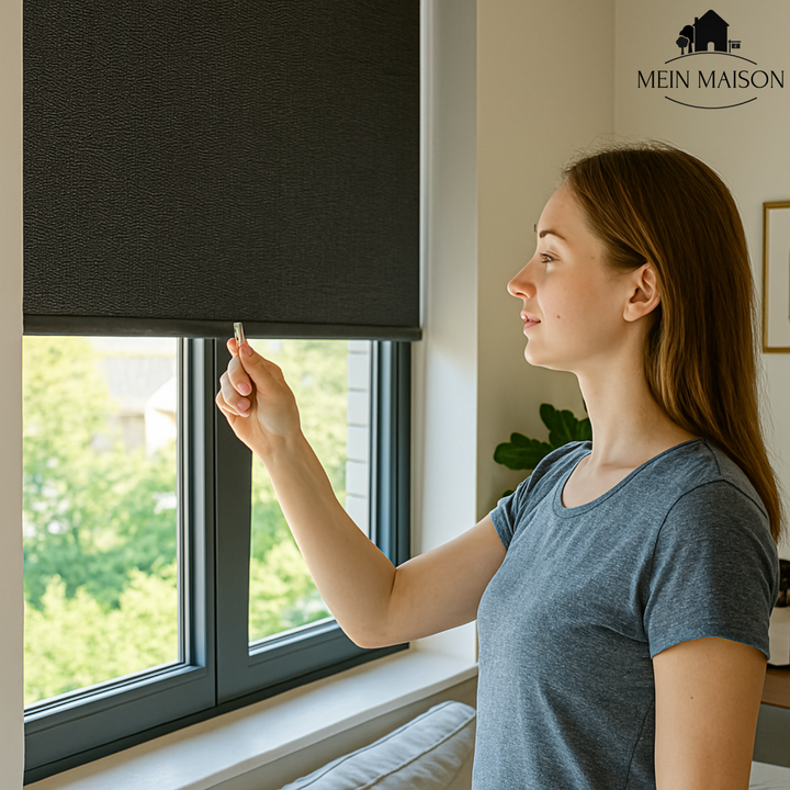 Weißes UV-Schutzrollo für Fenster. Bietet Hitzeschutz, Privatsphäre & stilvolles Wohnen zuhause.