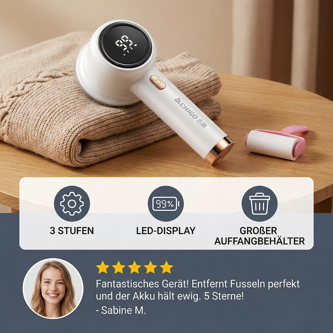 Wiederaufladbarer Fusselentferner, Textilrasierer mit 3 Geschwindigkeitsstufen und intuitiver LED-Anzeige.