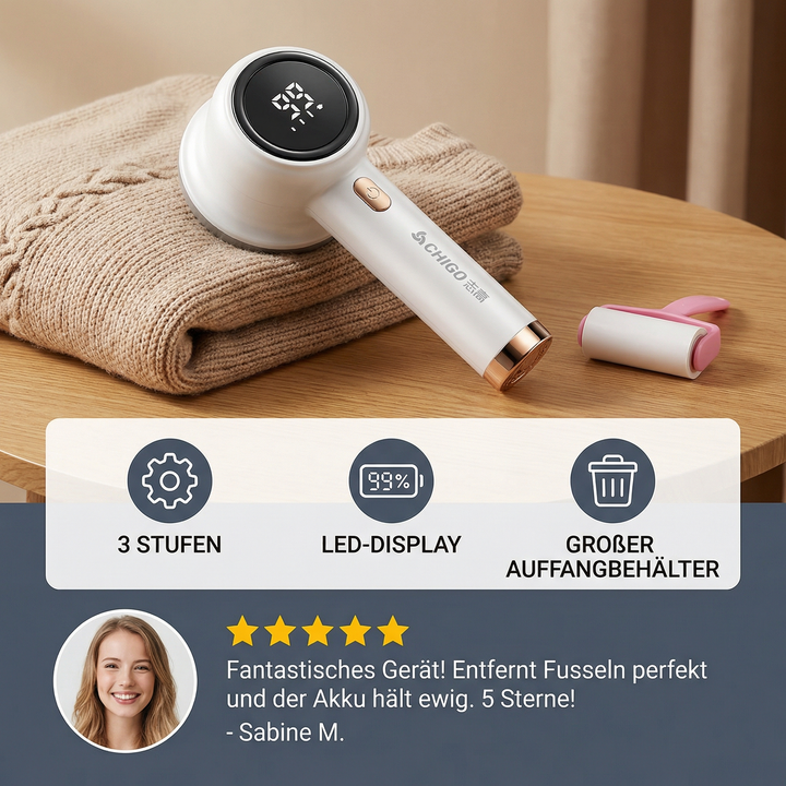 Wiederaufladbarer Fusselentferner, Textilrasierer mit 3 Geschwindigkeitsstufen und intuitiver LED-Anzeige.
