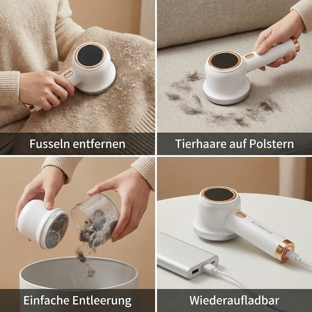 Elektrischer Fusselentferner weiß-violett, ein wiederaufladbares Haushaltsgerät für umfassende Textilpflege.