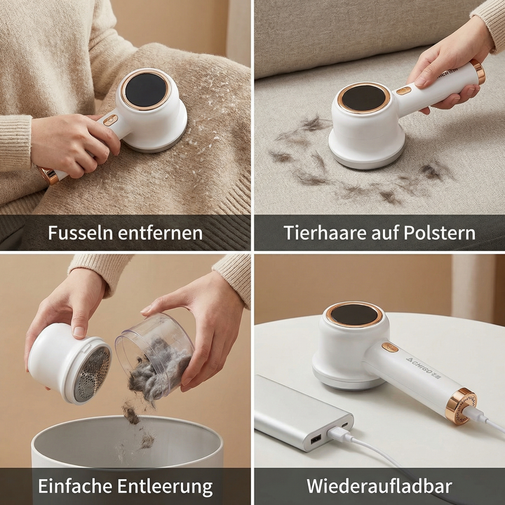 Elektrischer Fusselentferner weiß-violett, ein wiederaufladbares Haushaltsgerät für umfassende Textilpflege.