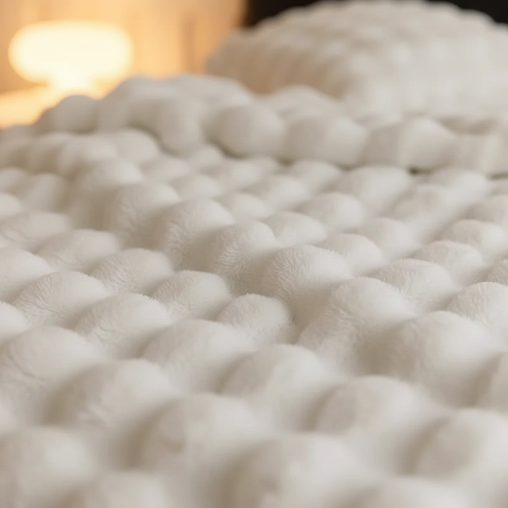 Dekorative Wohndecke in sanftem Beige, ideal als Sofaüberwurf und für mehr Gemütlichkeit.