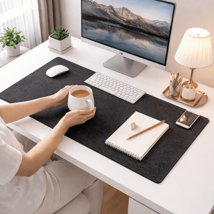 Weiche Filz-Schreibtischunterlage in Grau, ideal für komfortables Arbeiten im Büro und Homeoffice, schützt den Schreibtisch.