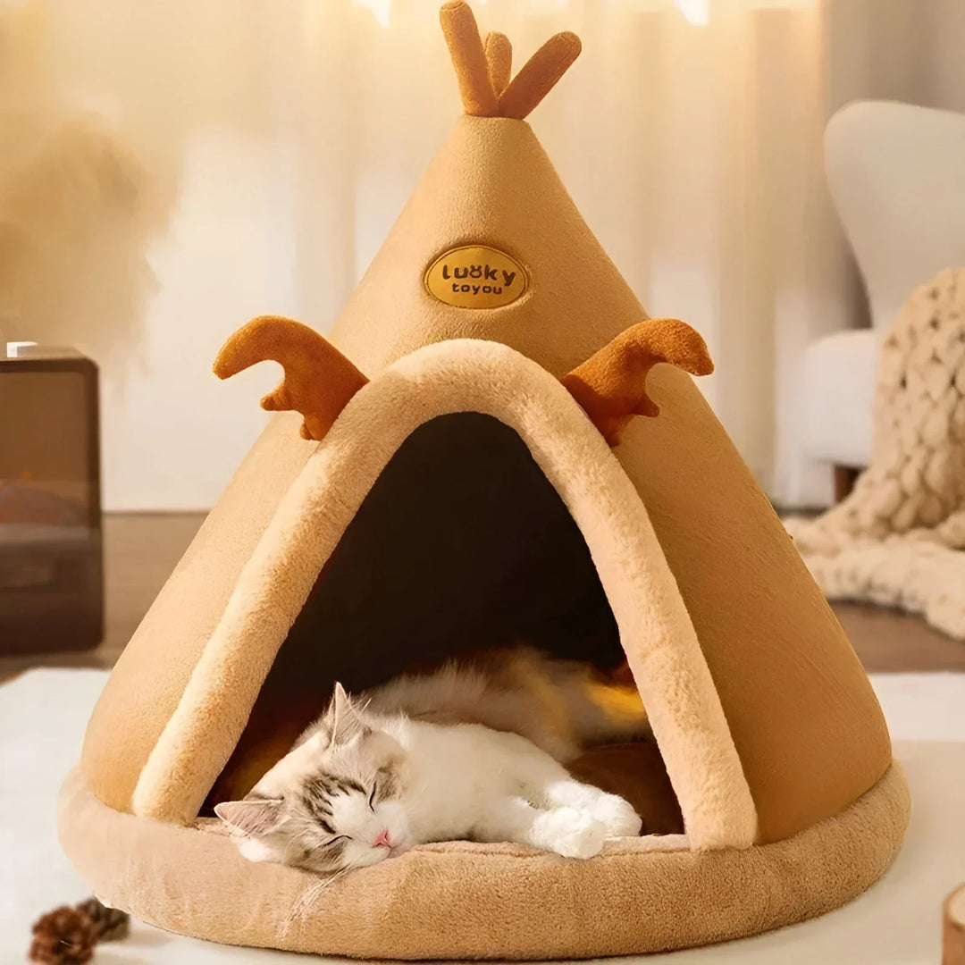Braune Kuschelhöhle für Haustiere, gemütliches Tipi-Bett für Hund & Katze. Perfekter Rückzugsort im Tierbedarf.