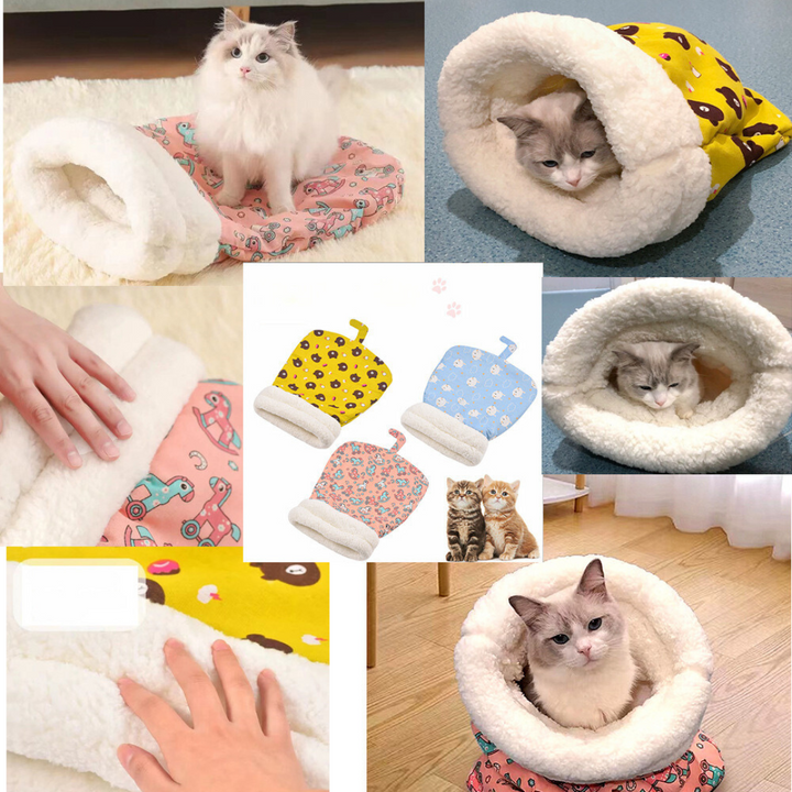 Katzenhöhle als privater Rückzugsort, weicher Schlafsack und Kuschelbett. Plüschig und gemütlich für Katzen.