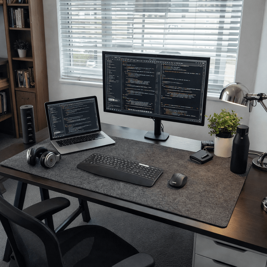 Weiche Wollfilz-Schreibtischunterlage in Grau für Komfort und Schutz im Büro oder Homeoffice, auch als Mauspad.