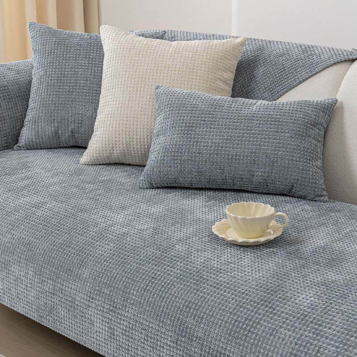 Moderner Chenille-Sofabezug in Waffeloptik, pflegeleicht und effektiver Polsterschutz für Ihre Couch.
