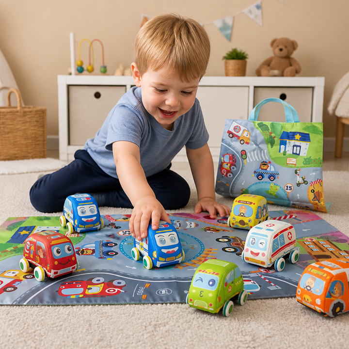 Weiches Rückzieh Auto Spielset für Kinder mit bunter Spielmatte und praktischer Tragetasche. Fördert Feinmotorik.