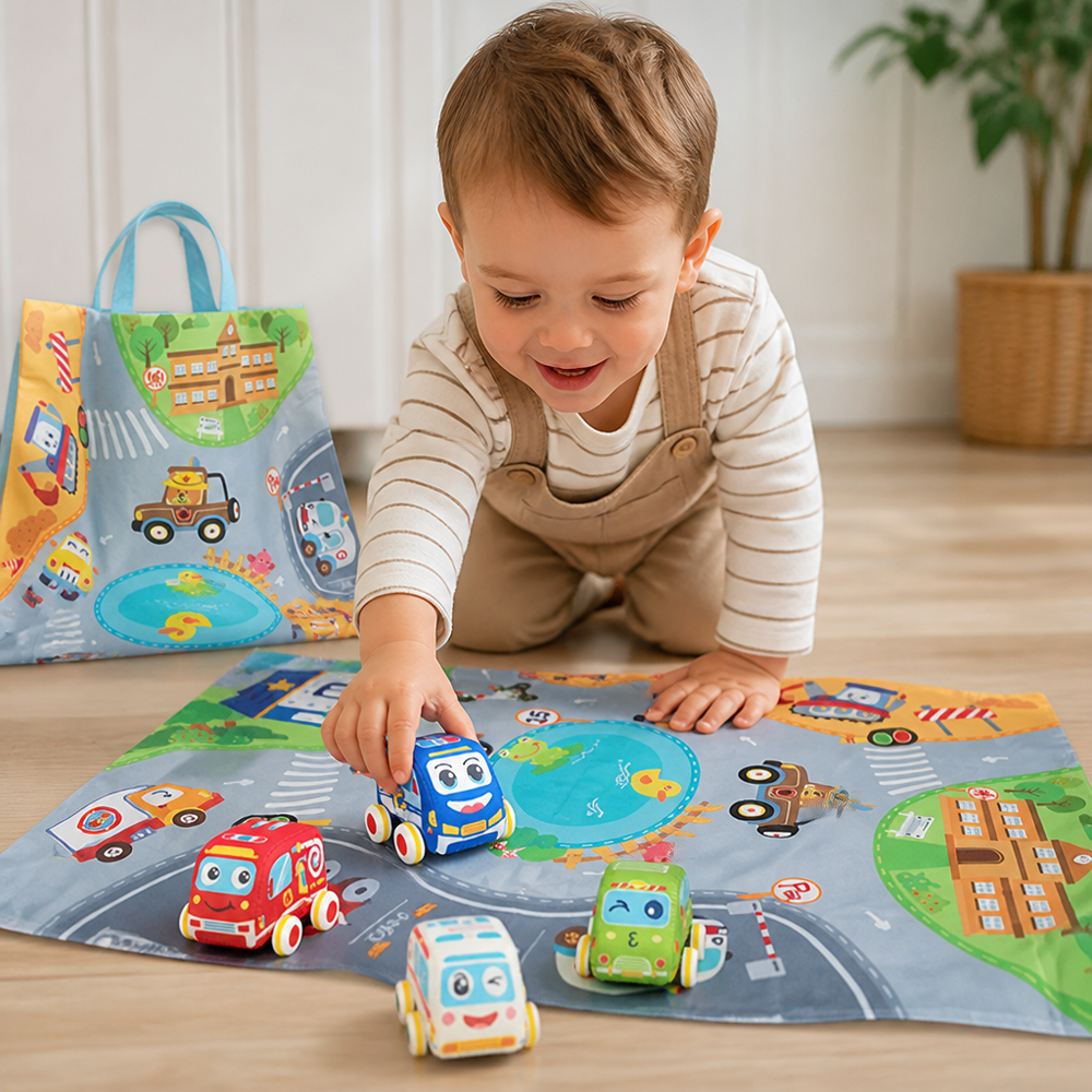 Buntes Rückziehauto Spielset mit weichen Fahrzeugen und detailreicher Spielmatte. Ideal für kreatives Spielen.
