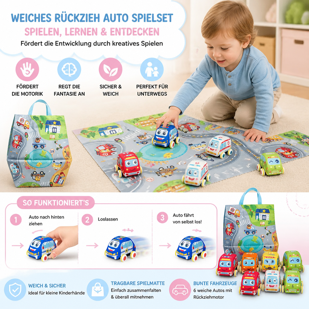 Pädagogisches Rückziehauto Reisespielzeug für Kinder mit faltbarer Spielmatte & praktischer Tragetasche. Sofort spielbereit.