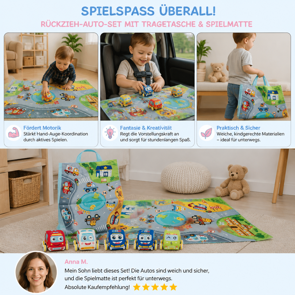 Rückzieh Auto Spielset für Kinder. Fördert Feinmotorik, Kreativität & pädagogisches Spiel auf der faltbaren Spielmatte.