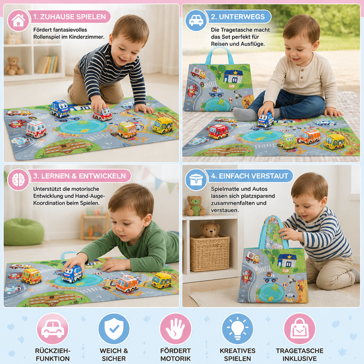 Sicheres, weiches Rückziehauto Spielset für Kleinkinder. Inkl. bunter Spielmatte und Tragetasche. Ideal als Geschenk.