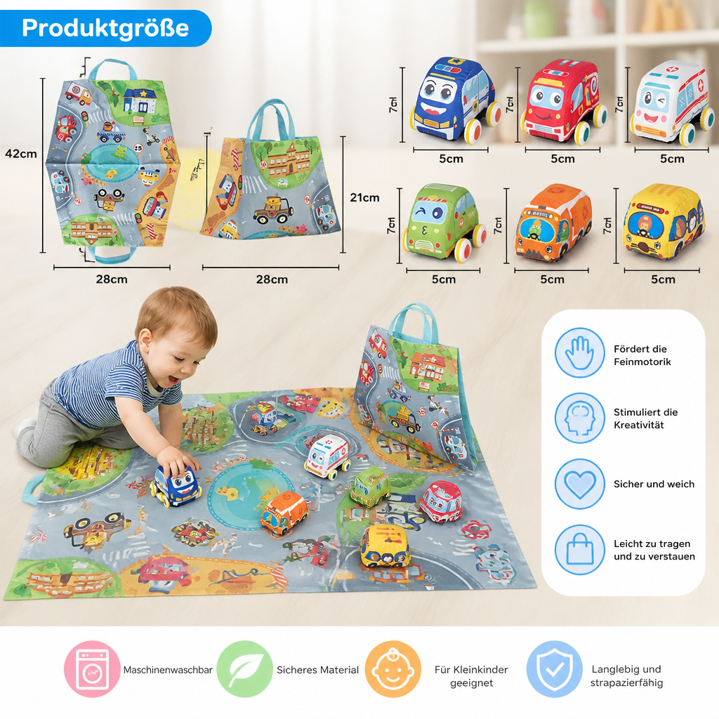Kinder spielen mit weichen Rückziehautos auf der bunten Spielmatte. Das Spielset fördert fantasievolles Rollenspiel.