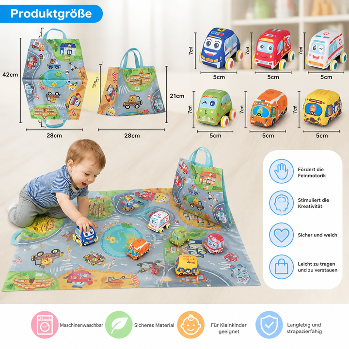 Kinder spielen mit weichen Rückziehautos auf der bunten Spielmatte. Das Spielset fördert fantasievolles Rollenspiel.