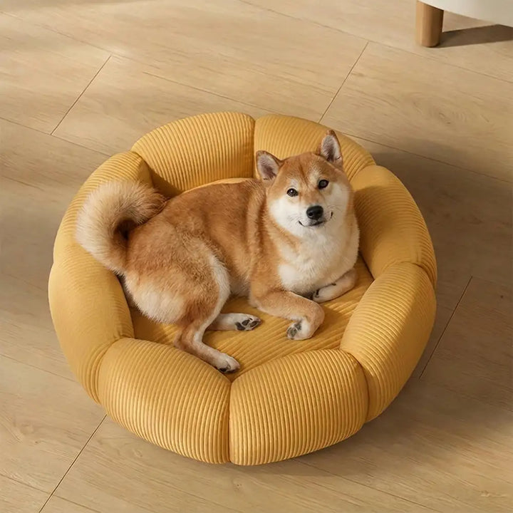 Komfortables rundes Hundebett aus Plüsch mit erhöhtem Rand & Nackenstütze, pflegeleicht.