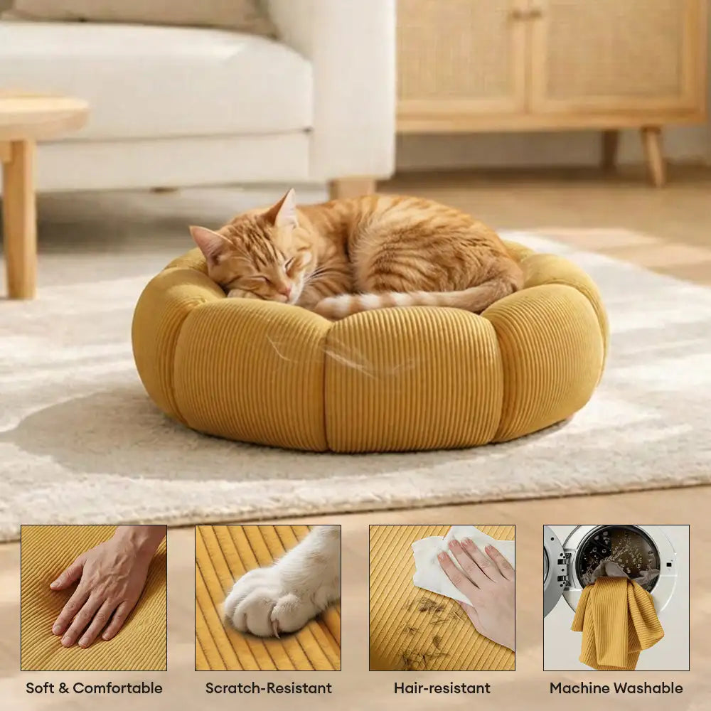 Luxuriöses Kuschelbett für Haustiere, runder Schlafplatz mit Nackenstütze & einfacher Reinigung.