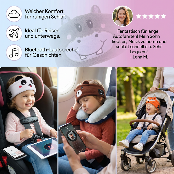 Bequemes Reisekopfband mit Bluetooth-Lautsprechern, perfekt für Flüge, Züge und Hotels. Kabelloses Audio.